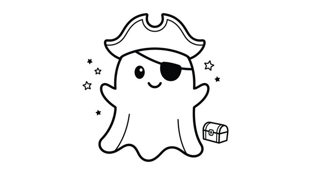 Cute pirate ghost coloring page, kawaii halloween ghost wearing pirate hat and eye patch, spooky treasure hunt line art vector for kids