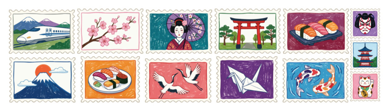 Hand drawn Japan travel culture and landmark postage stamp painted doodle vector set