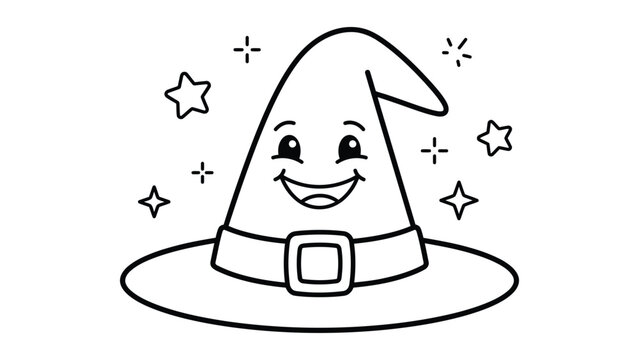 Cute witch hat coloring page, happy cartoon wizard hat with stars, black and white magic hat vector illustration for kids halloween activities
