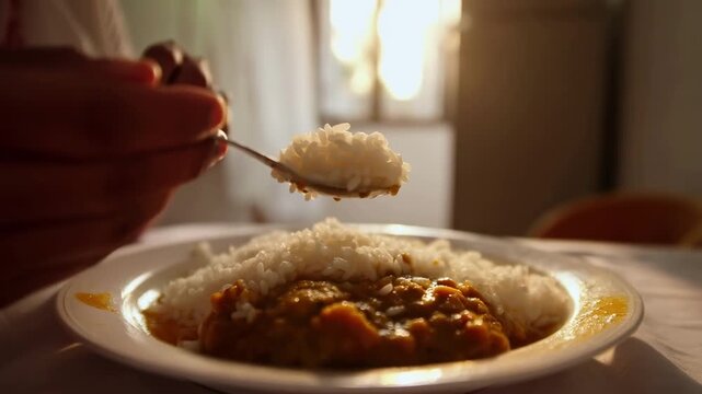 Person eating traditional rice and curry dish with a spoon in a warm sunlit home setting