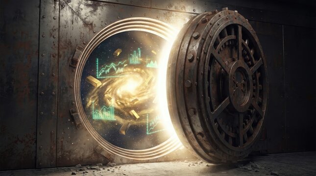 Bank vault door opens to reveal a swirling glowing galaxy of golden coins and digital charts representing wealth and financial success stored inside a high-security storage facility.
