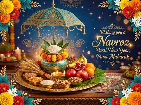 Parsi New Year Greeting Card Vector with Navroz Mubarak Text, Haft-Sin Table Elements, and Festive Floral Decorations on Blue Background