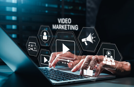 Video marketing strategy concept. Marketer using laptop with media engagement icon, online advertising, audience targeting, promotion, social interaction, campaign analytics, AI content creation
