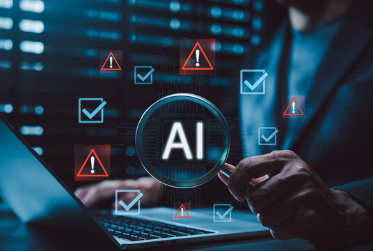 AI network anomaly detection and cyber threat monitoring. AI chip under magnifying glass, automated security system, vulnerability scanning, suspicious activity detection, cybersecurity risk control