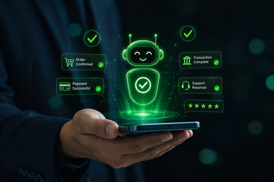 Businessman using smartphone with glowing digital AI chatbot customer service interface
