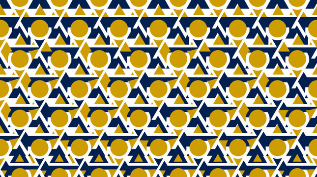 Geometric pattern with blue triangles and yellow circular elements on white backdrop design.