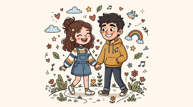 Young couple holding hands walking together cartoon art with together illustration character romantic lifestyle affection togetherness partnership cheerful