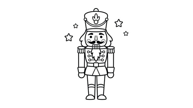 Christmas nutcracker soldier coloring page vector, traditional wooden toy soldier line art, festive holiday nutcracker character with stars