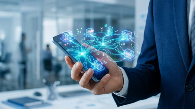 Businessman with phone shows glowing digital network and abstract data flow