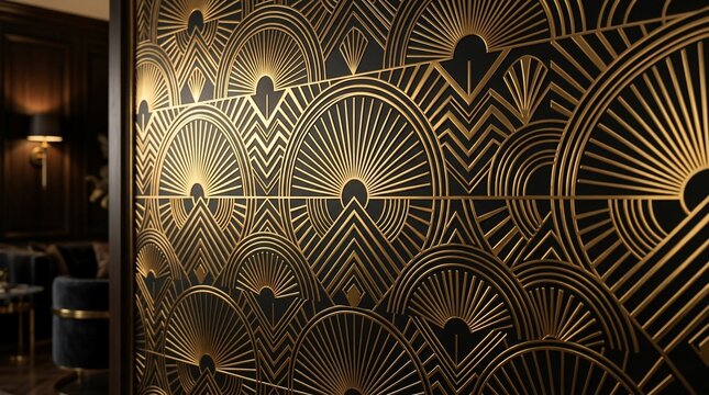 Decorative geometric pattern with golden art deco fan motifs