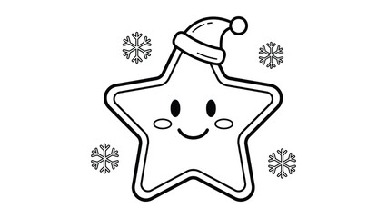 Fototapeta premium Kawaii Christmas star coloring page, cute cartoon star character wearing Santa hat with snowflakes, festive holiday line art vector for kids