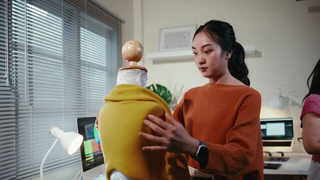 Professional asian fashion designer working in her studio. She is fitting a yellow sweater on a mannequin to create a new collection