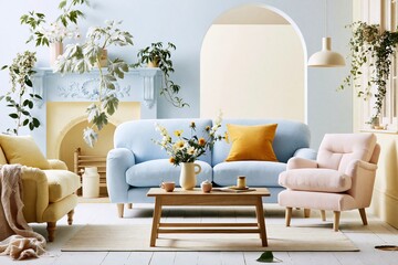 Obraz premium Bright airy living room with a blue sofa and yellow accents featuring a decorative fireplace and lush houseplants for home decor and lifestyle themes