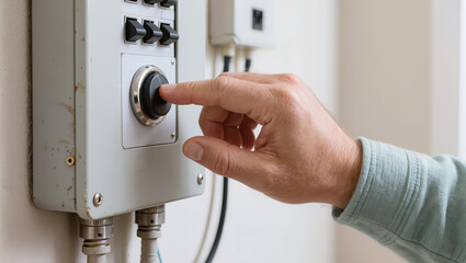 Naklejka premium Close-up of a hand adjusting a wall-mounted heating control dial. Concept of climate control, energy efficiency, and temperature management in home heating systems