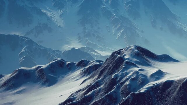 Snow blankets the mountains in a remote area. The peaks rise high into the sky, surrounded by a vast landscape of white and blue. The sun sets behind the mountains, creating shadows.