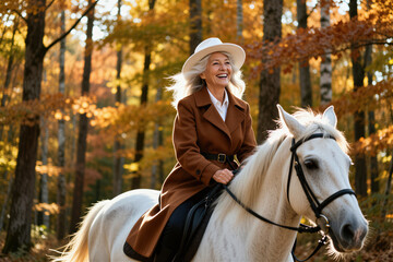 Obraz premium Happy mature woman rides white horse through autumn forest. Elderly lady enjoys horseback riding, wears hat and brown coat. Active lifestyle for seniors in nature.