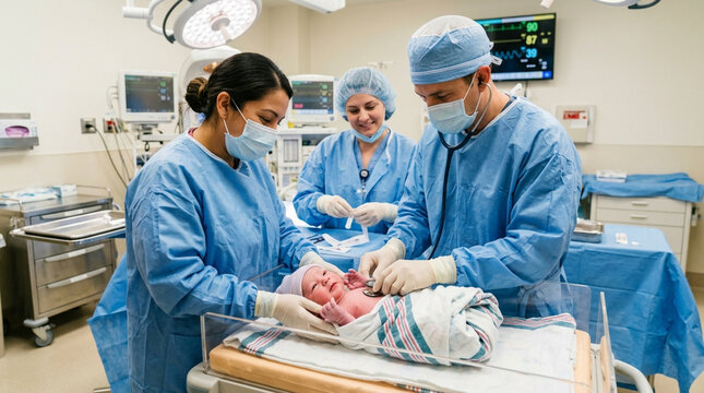 Medical Team Assists Newborn Baby During Birth Delivery in Operating Room