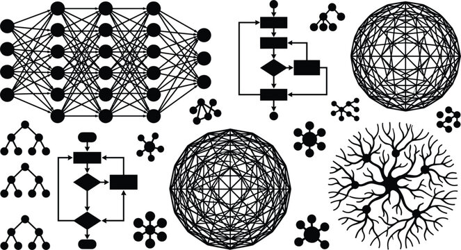 Artificial intelligence and deep learning neural network icons set featuring machine learning nodes flowchart diagram global tech sphere grid and dendrite branching structures