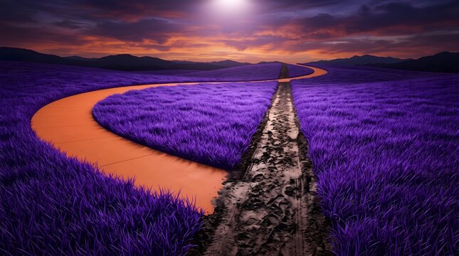 Conceptual landscape of two diverging paths in a field of purple grass at sunset, illustrating a metaphorical choice between a smooth easy road and a difficult muddy track.