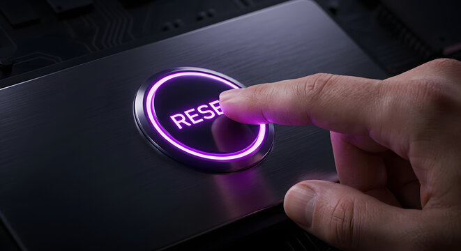 uturistic Neon Reset Button with Finger Pressing on Dark Background 3D Technology Concept