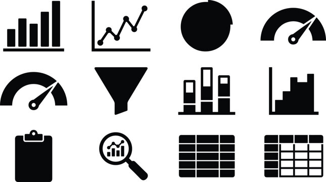 Data analysis and business statistics icons set featuring bar chart line graph pie chart gauge meter sales funnel clipboard magnifier and data spreadsheet table silhouettes