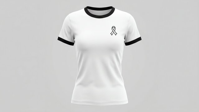 Minimalist White Ringer T-Shirt Mockup Featuring a Subtle Awareness Ribbon Design for Casual Fashion Branding and Customizable Apparel Presentation