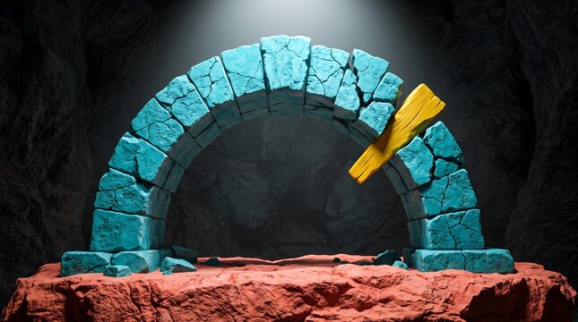 Surreal 3D illustration of a weathered turquoise stone arch in a dark cave, with a yellow wooden wedge as a critical support element, representing a weak link or improvised repair
