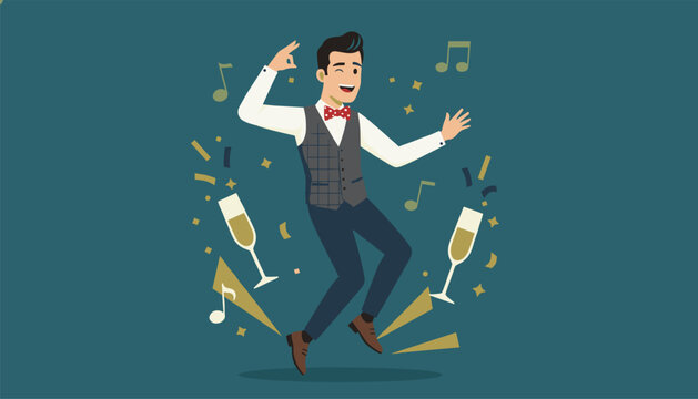 Classy man in a vest and red bow tie dancing joyfully amid falling confetti, music notes, and champagne glasses.