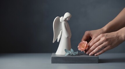 Obraz premium Person placing a delicate pink rose beside a minimalist white ceramic angel figurine on grey with displays person gently sculpture grey stone