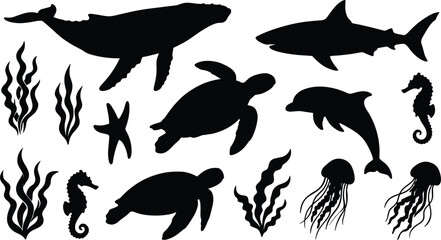 Marine life and sea animals vector silhouettes set featuring whale shark dolphin sea turtle jellyfish starfish seahorse and aquatic seaweed elements on white background © Rakib