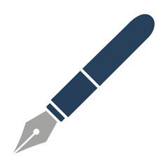Naklejka premium Minimalist fountain pen icon with sleek navy blue barrel and sharp steel-grey nib isolated on white, elegant writing instrument concept