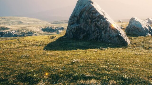 Large rocks are placed on a grassy area under a clear sky. Sunlight shines on the rocks, creating shadows on the ground. The landscape appears open with gentle hills in the distance.