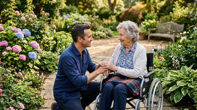 Caregiver assisting elderly woman in a wheelchair in garden