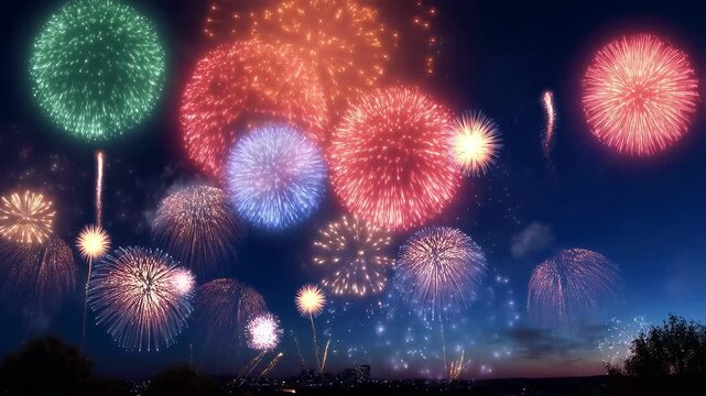 Colorful fireworks exploding in night sky celebration with vibrant light trails and smoke
