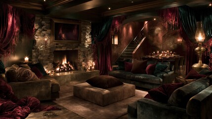 Obraz premium Luxury basement living area with stone fireplace and velvet sofas creates a glowing cozy sanctuary for home interior and atmospheric decor ideas