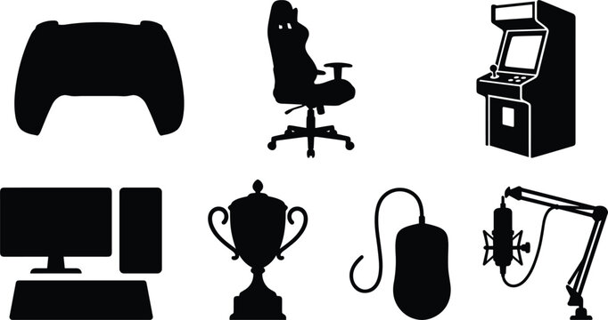 Video gaming and esports streaming gear vector icon set featuring gamepad controller ergonomic chair arcade machine desktop computer trophy mouse and microphone silhouettes