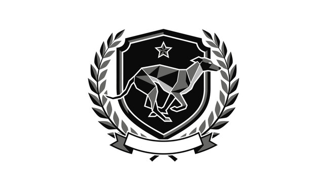 Laurel wreath emblem with geometric running sighthound icon.