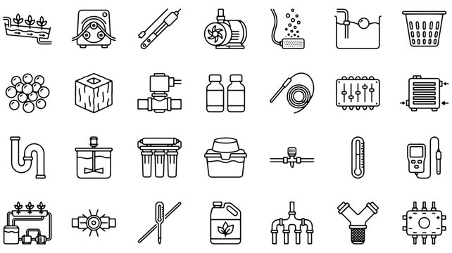 Hydroponic equipment icon set for indoor farming and agricultural design project.