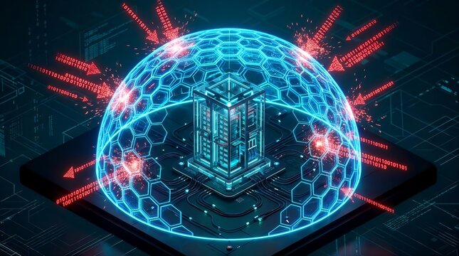 Futuristic 3D isometric cybersecurity server tower protected by neon digital shield and binary data flow