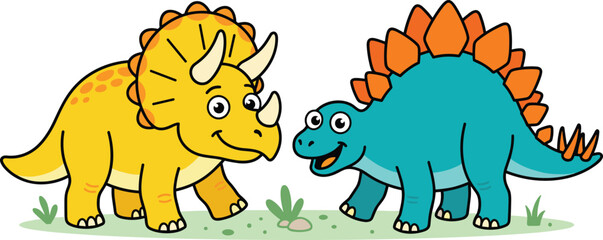 Cute cartoon dinosaurs triceratops and stegosaurus standing on grass isolated on white background for children illustration © Sreejoynaraon
