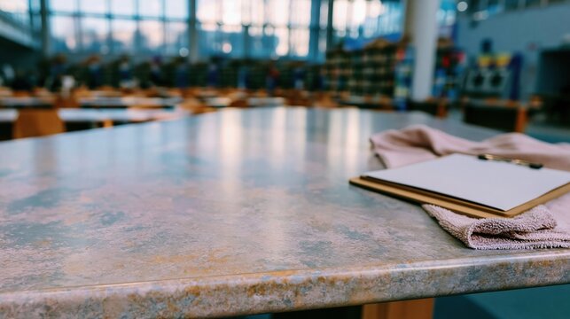 Smooth grey laminate table surface with clipboard and cloth in a blurred library for education facility management and school renovation mockup