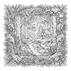 Obraz premium Intricate Forest Path and Cozy Cottage Line Art Coloring Page