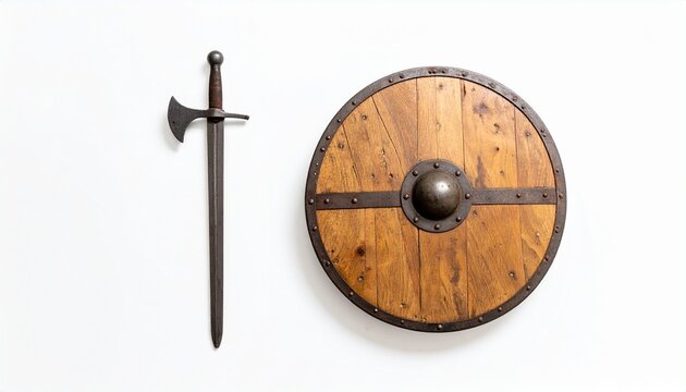 Medieval axe and round wooden shield on white background symbolizing craftsmanship and defense.