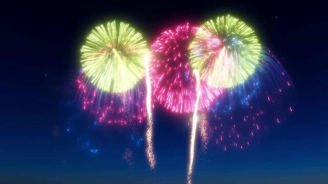 Colorful fireworks exploding in smiley face pattern against dark night sky