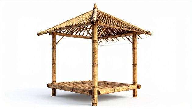 Open bamboo hut with pitched roof symbolizing sustainability, craftsmanship, and tropical architectural harmony.