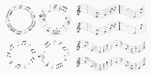 musical notes on wavy staffs black and white line art music notation clef quavers semibreves minims graphic design pattern ornament © Ranajit