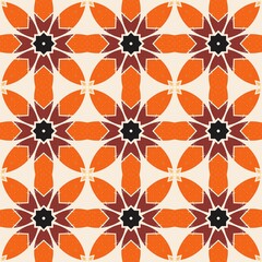 Fototapeta premium Vibrant orange and red geometric pattern on cream background. Symmetrical design features star and petal motifs. Each unit repeats in a clean, balanced layout