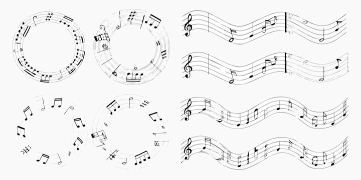 musical notes on wavy staffs black and white line art music notation clef quavers semibreves minims graphic design pattern ornament