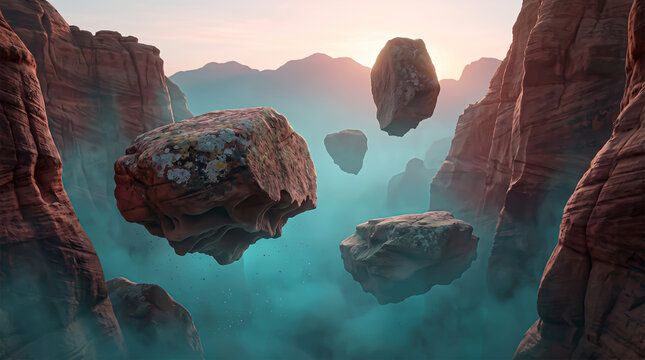 Rugged red sandstone canyons framing ancient floating boulders with visible lichen and microscopic mineral textures suspended in ethereal morning mist.