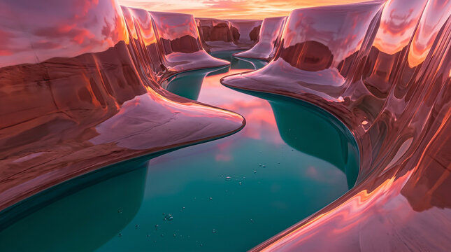 Manipulating viscous liquid chrome to form a surreal canyon landscape where a turquoise river flows beneath a warm sunset reflection.